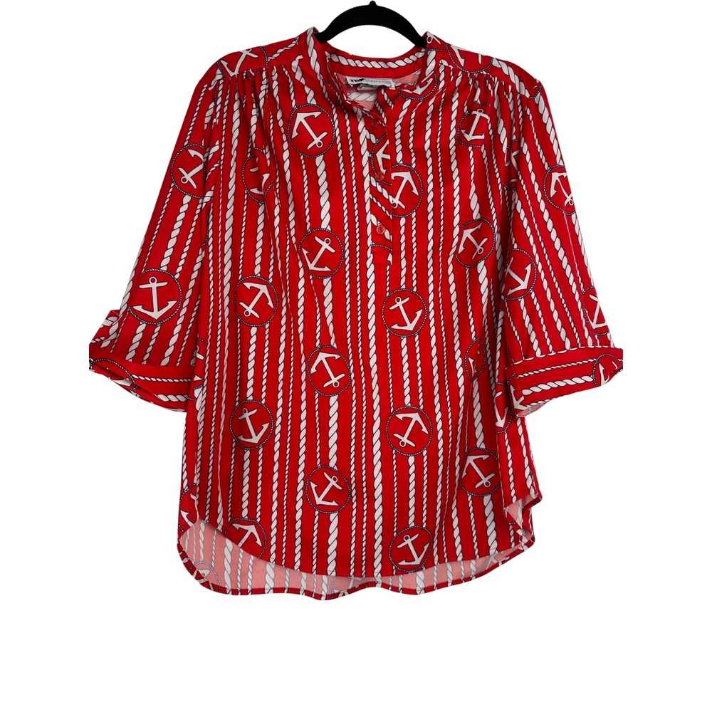 Vintage Womens Red Nautical Anchor Rope Print Roll Tab Blouse Plus 20W Sailor